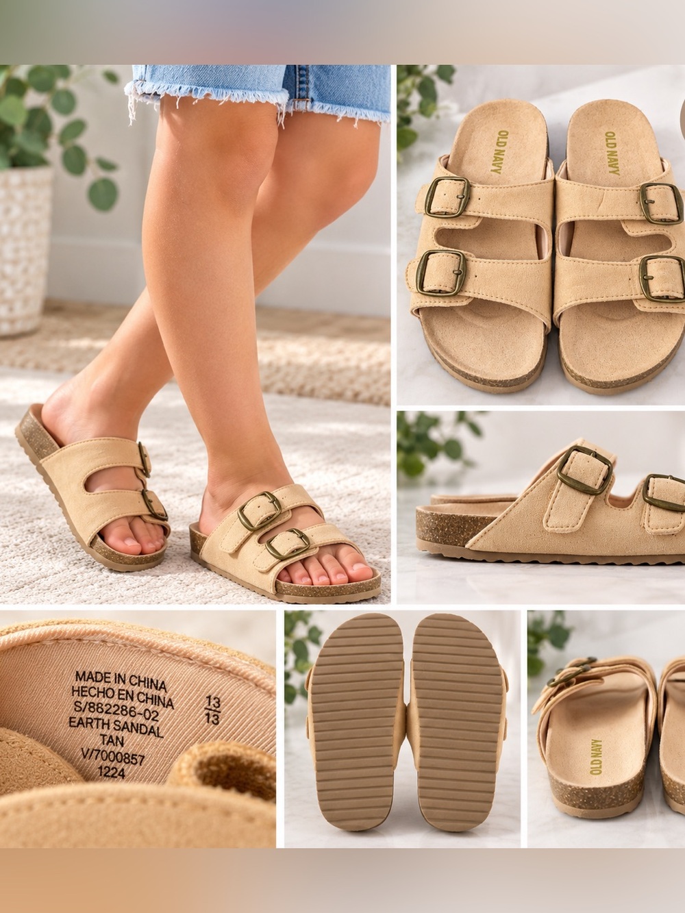 Old Navy Kids' Tan Double-Buckle Slide Sandals - Neutral Cork Footbed